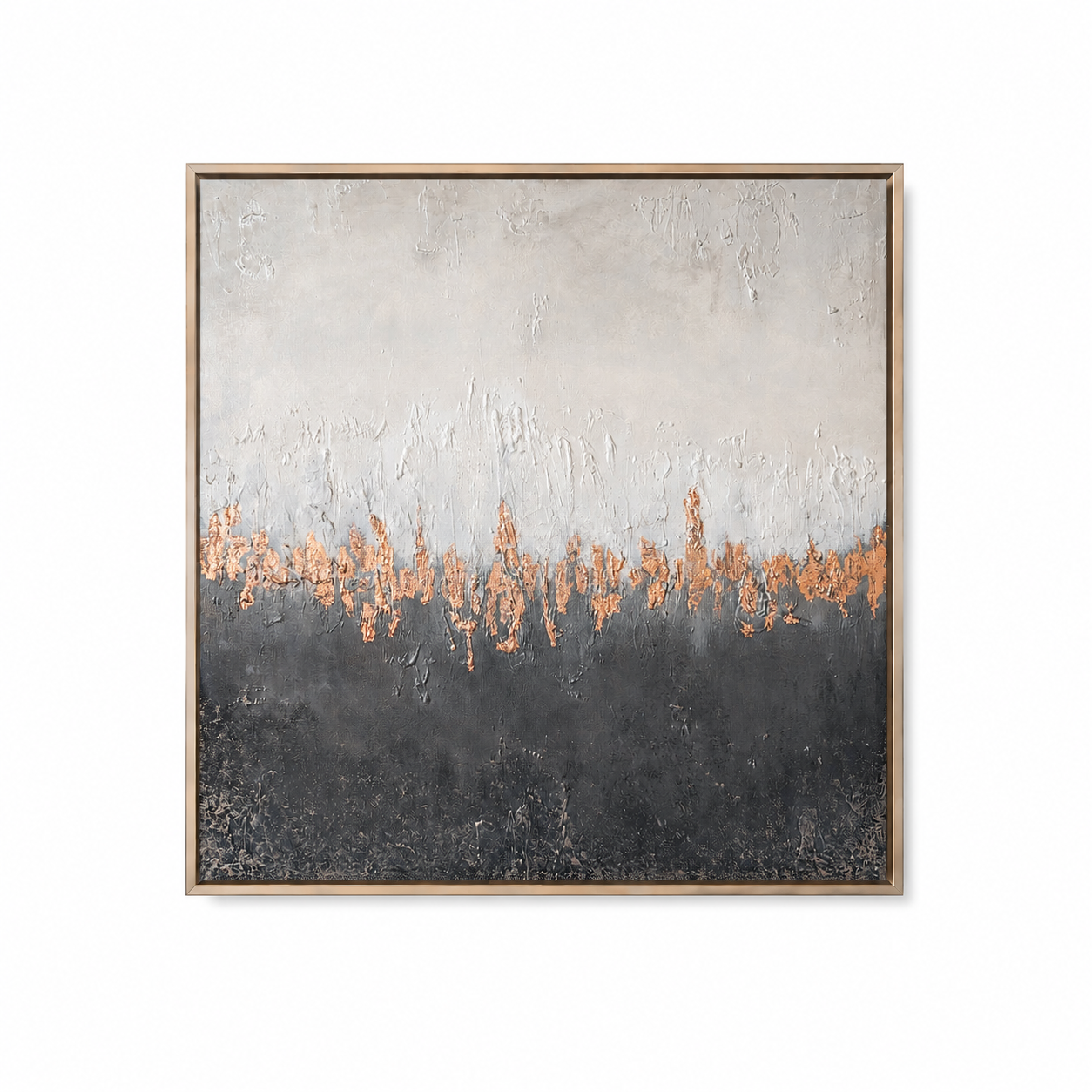 Raw Layers abstract schilderij Copper Horizon met zachte neutrale lagen en koperaccenten.