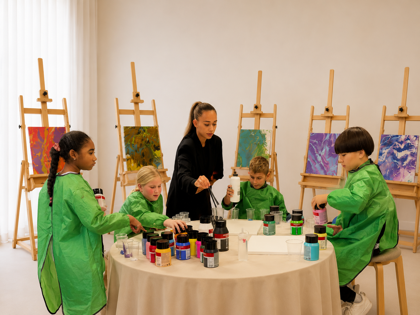 Schildersezels met kleurrijke kunstwerken in het atelier tijdens een workshop.