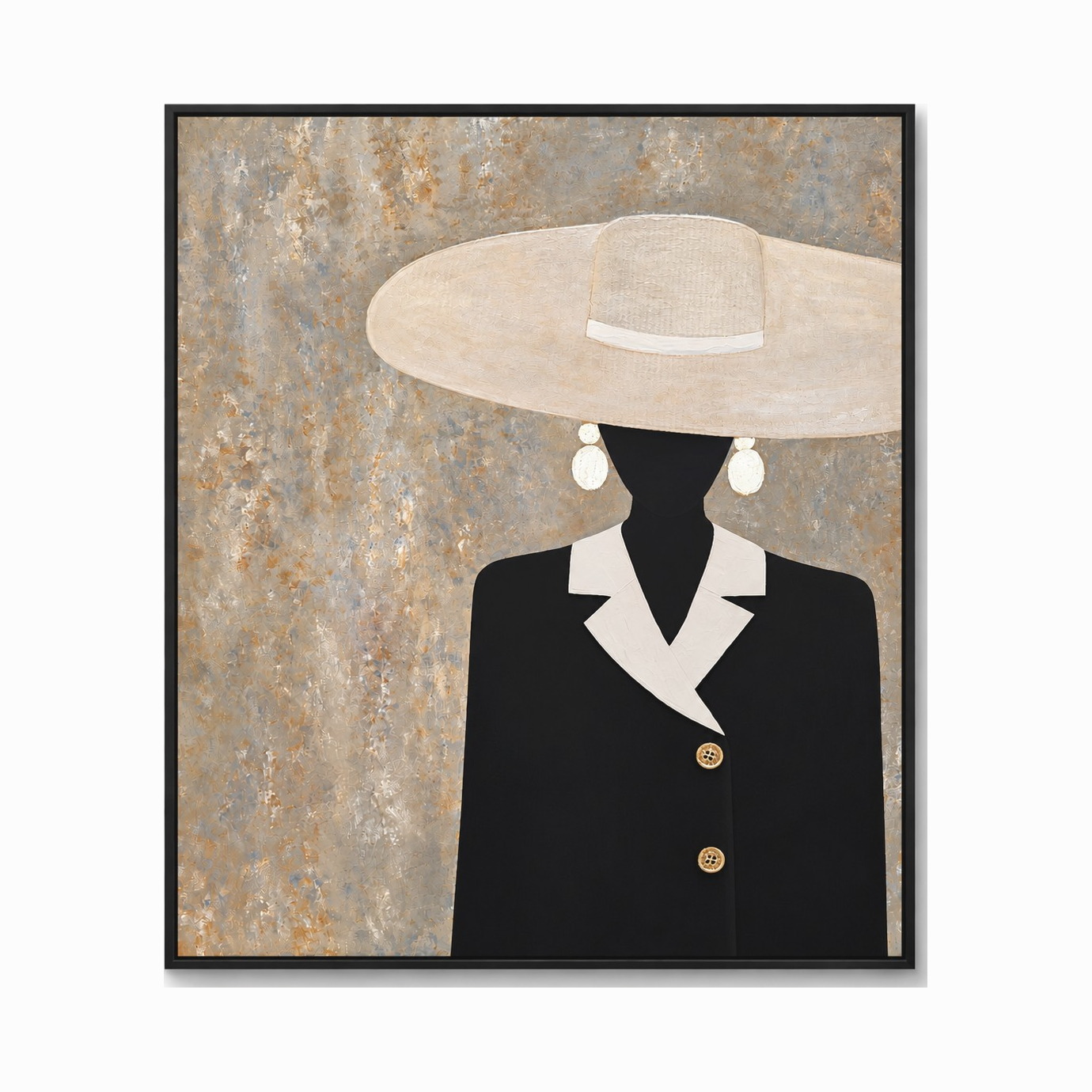 The Muse Collection schilderij Maison d'Or met vrouwelijk silhouet, witte hoed en gelaagde gouden achtergrond.