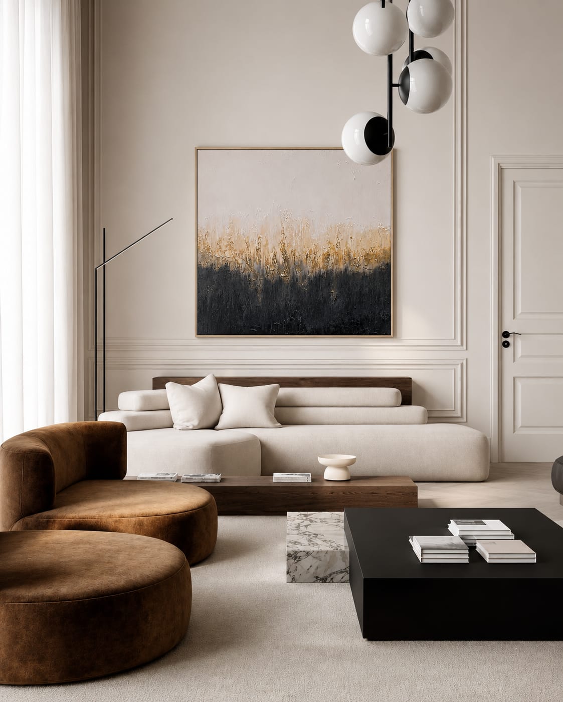 Een schilderij van Art Studio Daisy als sfeermaker in een verfijnd, modern interieur.