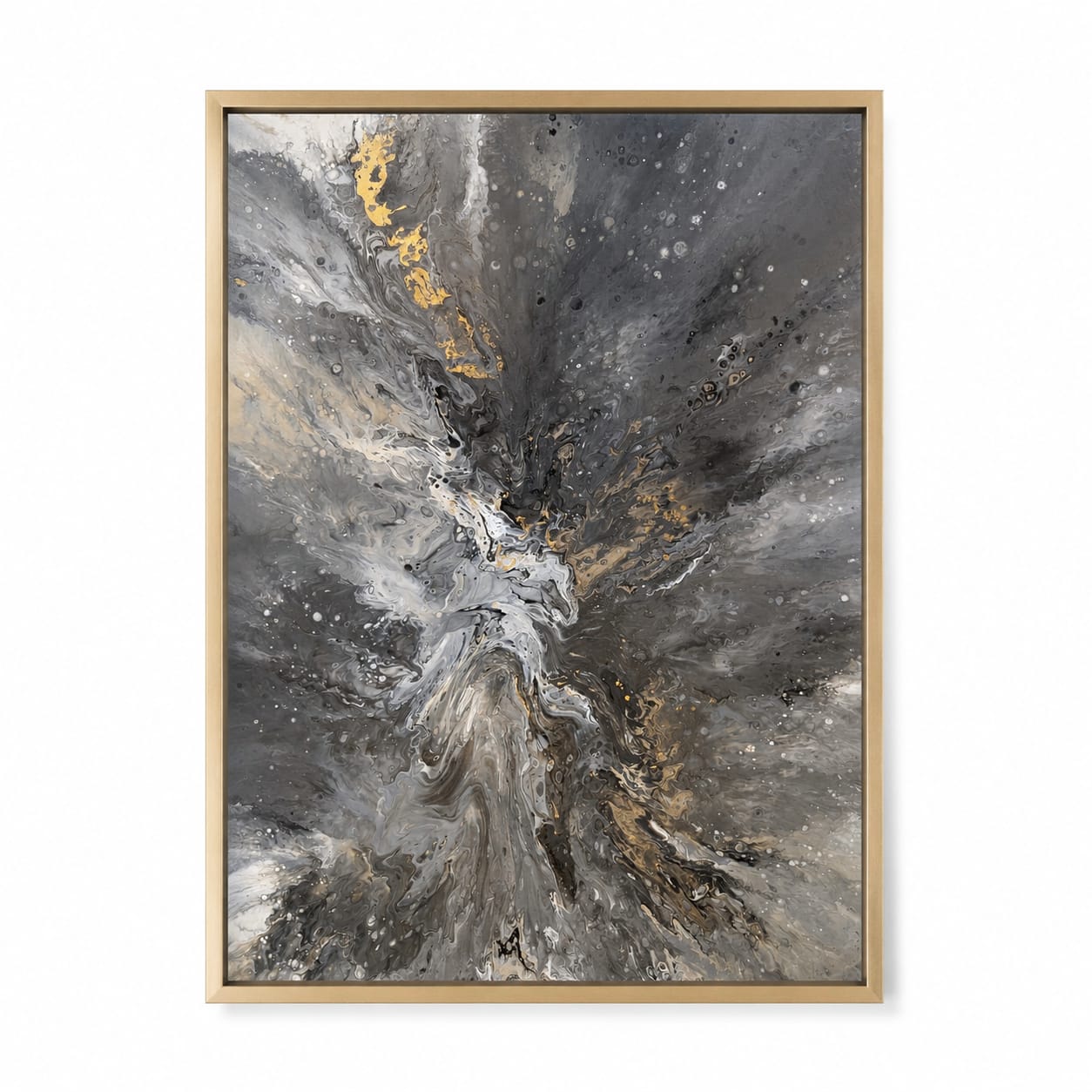 Marble Dreams abstract schilderij met grijze marmerstructuren en gouden accenten in een gouden baklijst.