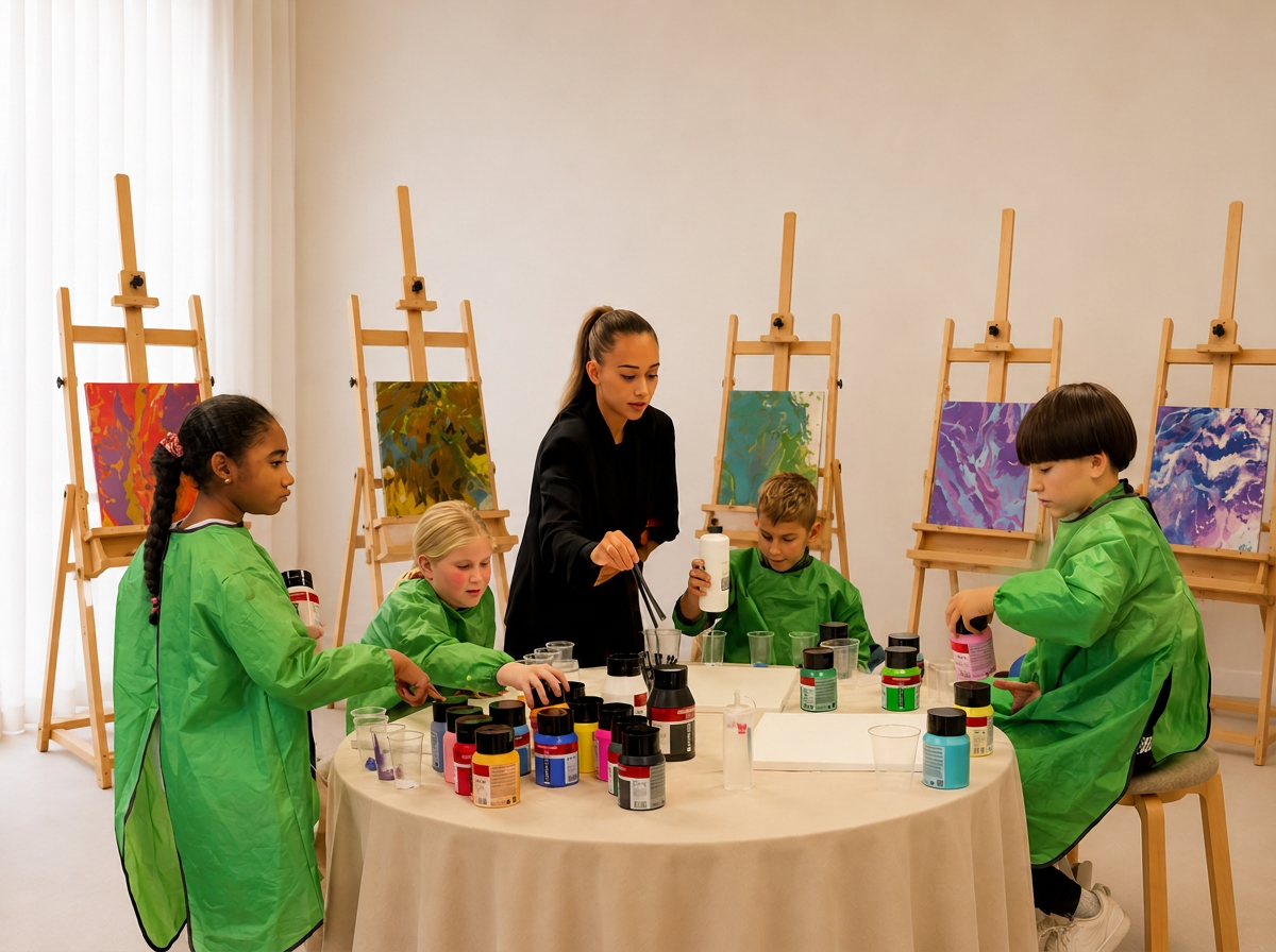 Schildersezels met kleurrijke kunstwerken in het atelier tijdens een workshop.